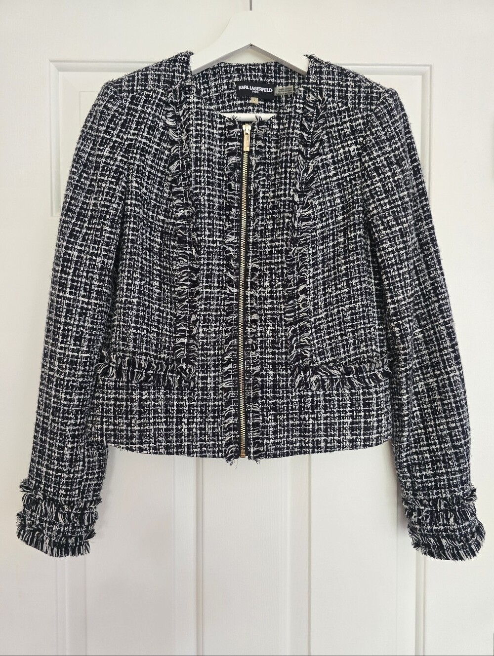 Karl Lagerfeld Black & White Tweed Zip Jacket, Size 2